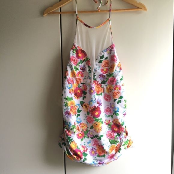 La Vie En Rose Aqua white floral high halter neck tankini top swimsuit size XL​ - Picture 6 of 13